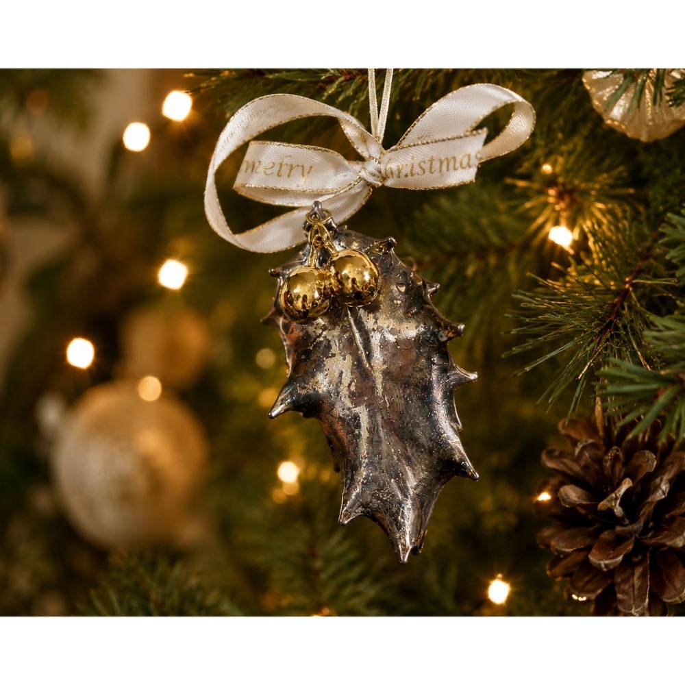 Vintage Real Holly Leaf Ornament 24K Gold Sterling Silver Dipped‎ Christmas